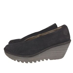 Fly London Yaz Dark Brown Suede Wedge Pumps V-Cut Platform Shoes Size 40